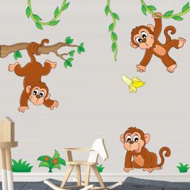 apen-op-tak-muurstickers-kinderkamer-vrolijk-goedkoop-slingeren-bladeren-groen-kinderkamer