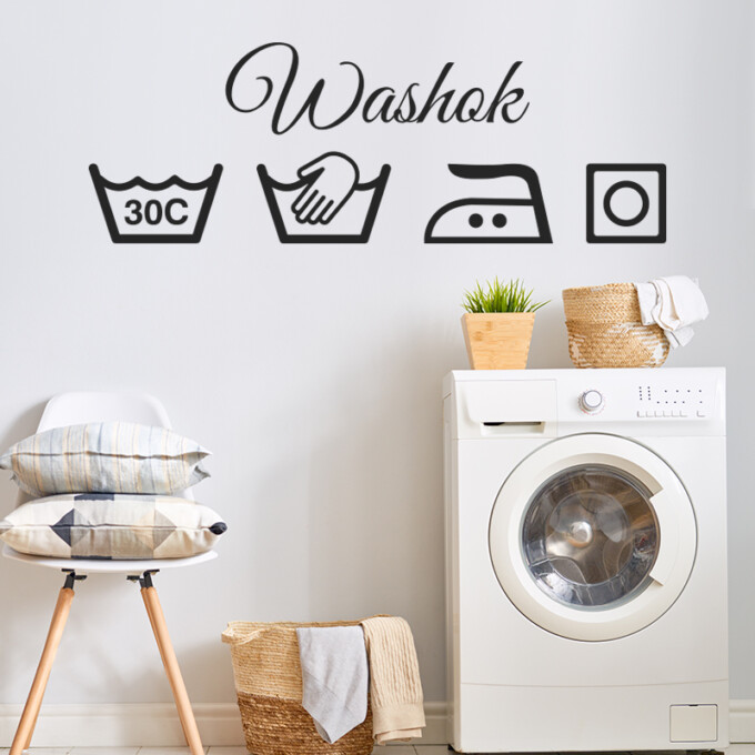 muursticker washok laundy zwart ideeen leuk inspiratie modern kleuren wasmachine 30 graden strijkbout