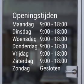 openingstijden sticker goedkoop wit zwart raamsticker gespiegeld normaal buitenzijde binnenzijde website personaliseerbaar eigen tijden tekst