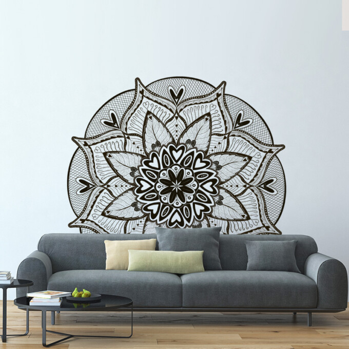 muursticker mandala bank woonkamer slaapkamer boven bed wand decoratie zwart modern stijlvol