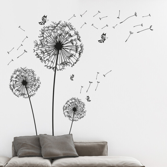 muursticker set paardenbloemen zwart wit vlinders pluisjes woonkamer keuken ideeen inspiratie