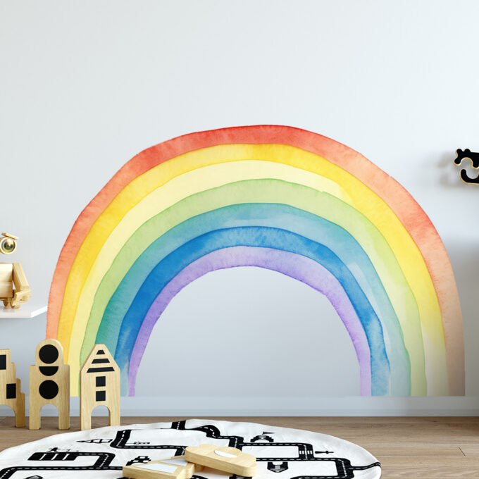 muursticker regenboog aquarelle waterverf kinderkamer kleurrijk vrolijk ideeen inspiratie muur goedkoop