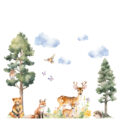 muursticker bosdieren bos dieren ideeen inspiratie hert beer vos konijn egel vogels bomen 2 waterverf stijl wolken vlinders uil