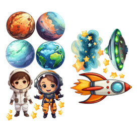 muursticker ruimte set 9 stuks kinderkamer space raket astronaut planeten ufo muurstickerstunter.nl