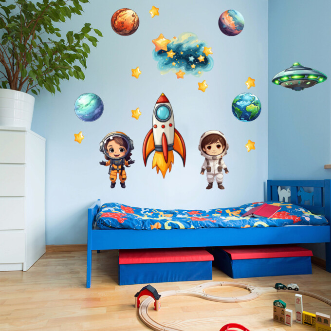 muursticker ruimte set 9 stuks kinderkamer space raket astronaut planeten ufo muurstickerstunter.nl