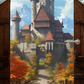 Oud kasteel deursticker poster middeleeuws fantasy muurstickerstunter